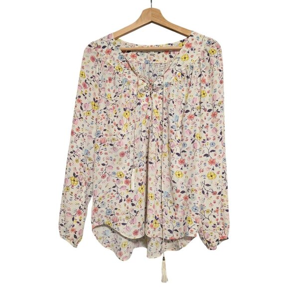 Lex & Madison Womens Medium Floral Peasant Blouse Cottagecore Tassel Tie Boho - Picture 1 of 6
